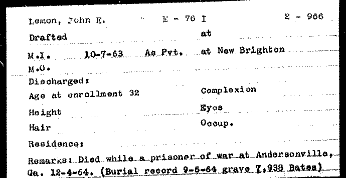 Pensylvania State Archives Index Card - 0736 - John E. Lemon